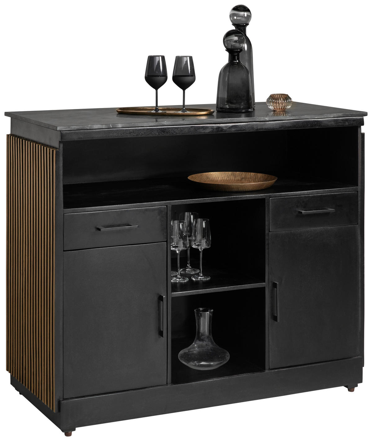 BARSCHRANK Mangoholz, Eukalyptusholz vollmassiv Schwarz, Goldfarben  - Goldfarben/Schwarz, Trend, Holz/Stein (130/109/60cm) - Ambia Home