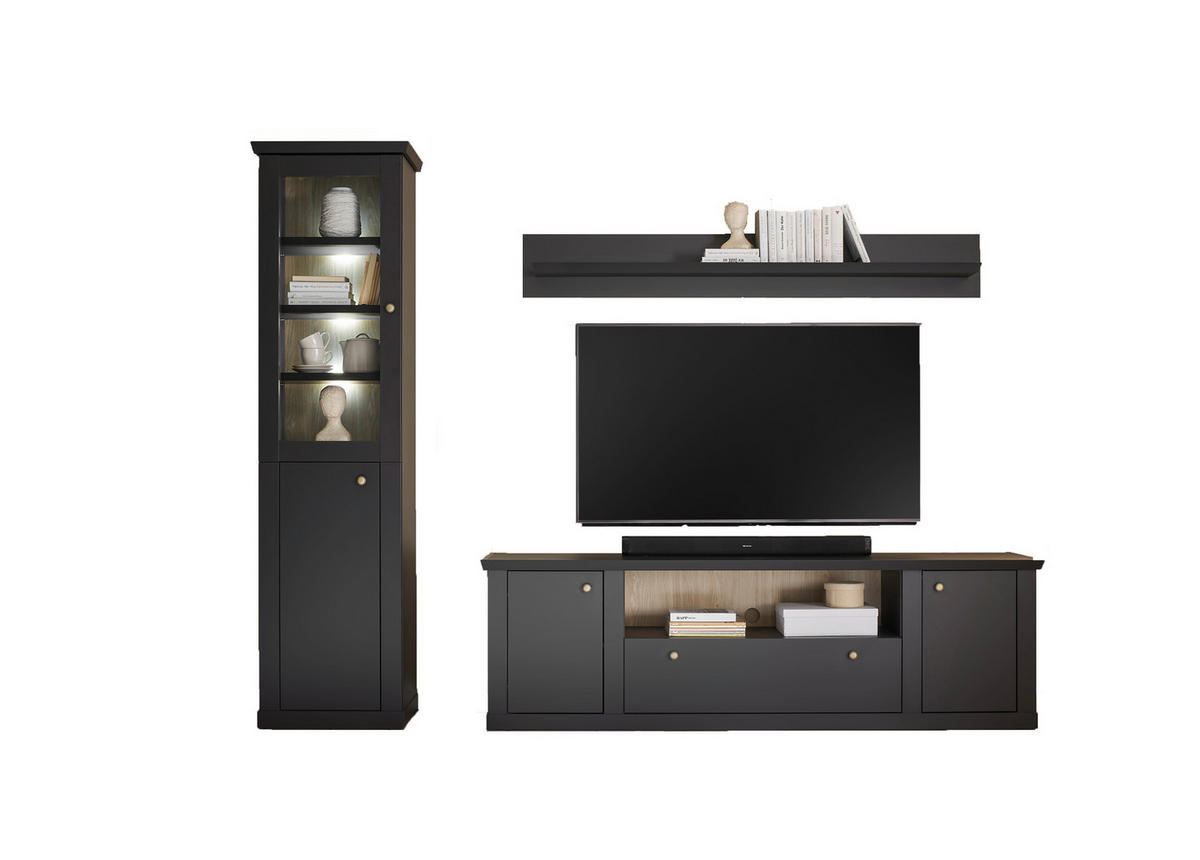 WOHNWAND 3-teilig  in Schwarz, Eichefarben  270/200/42 cm  - Eichefarben/Messingfarben, Design, Holzwerkstoff/Metall (270/200/42cm) - MID.YOU