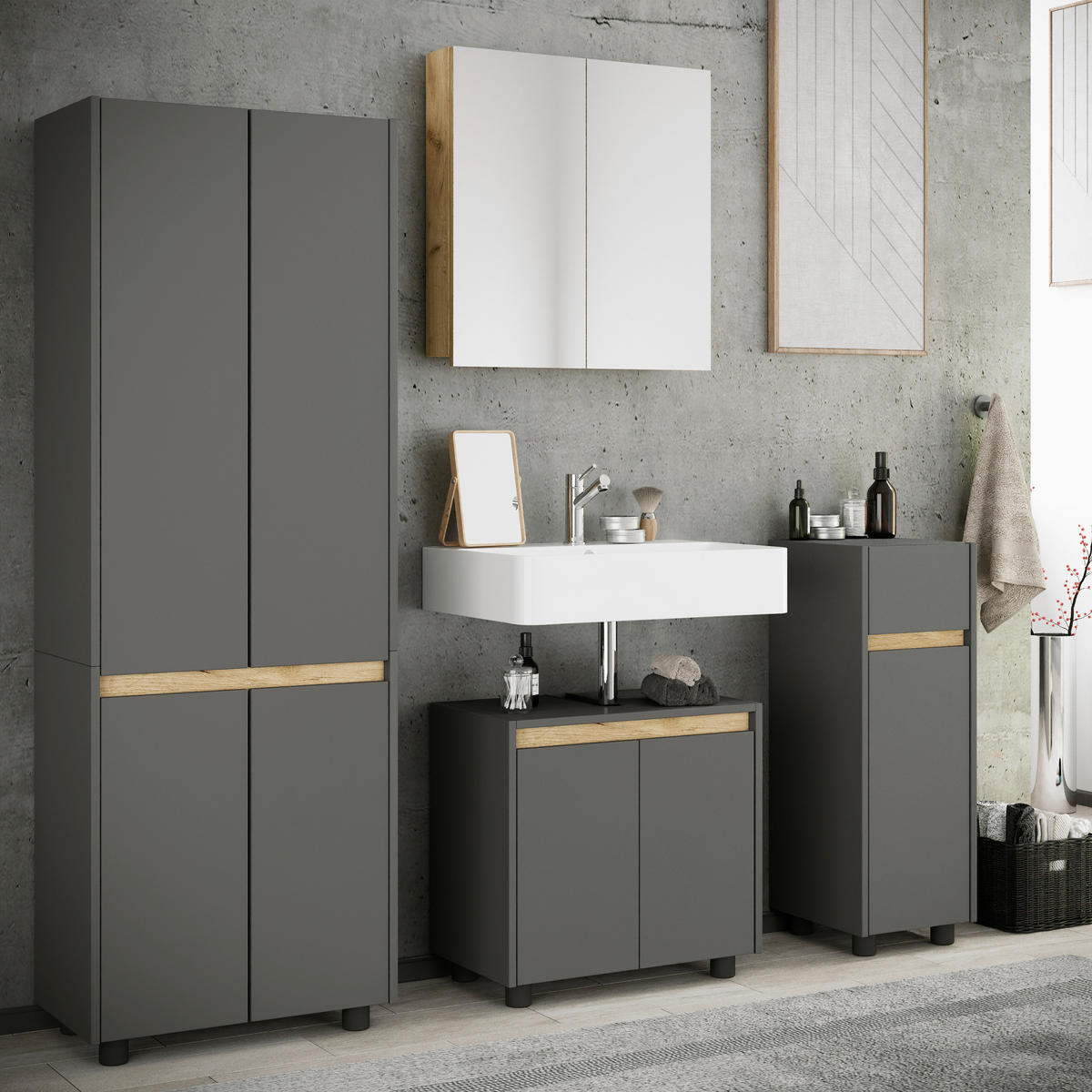 BADEZIMMER 4-teilig  in 154 cm  - Honigeiche/Anthrazit, Trend, Holzwerkstoff/Kunststoff (154cm) - MID.YOU