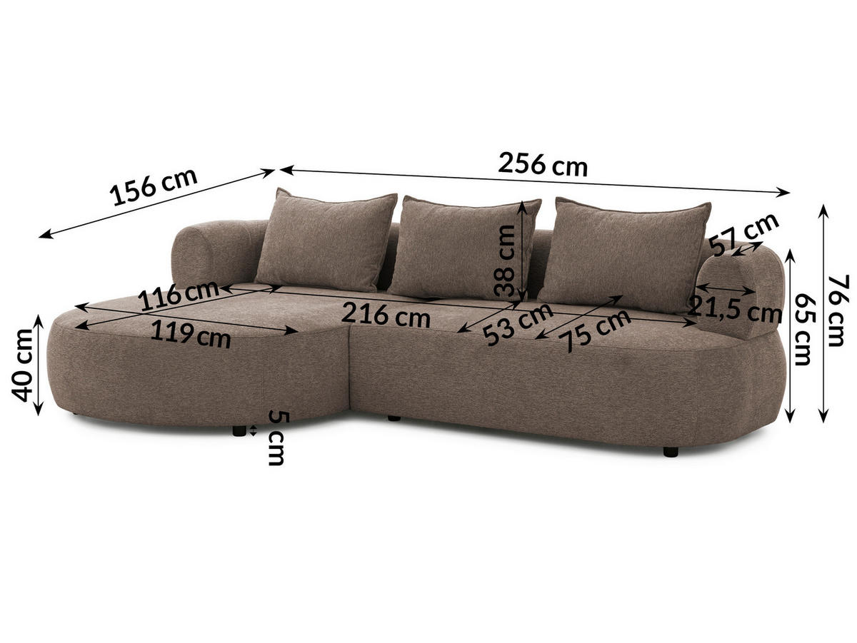 ECKSOFA FERRO Braun Chenille  - Schwarz/Braun, Design, Kunststoff/Textil (156/256cm) - Livetastic
