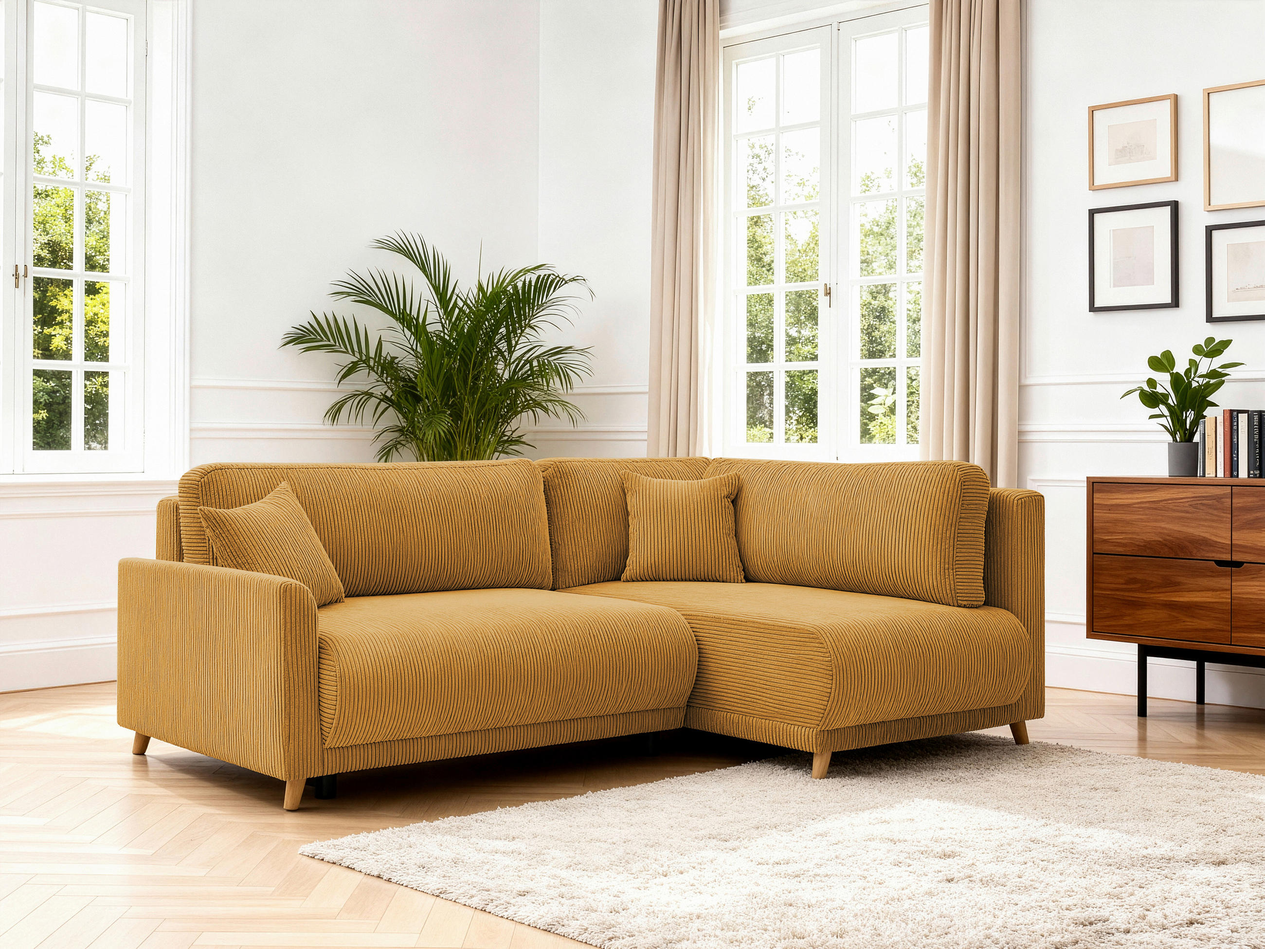 ECKSOFA MILOS Gelb Cord Rückenkissen, Bettkasten, Schlaffunktion, Rücken echt  - Gelb/Naturfarben, Design, Textil (224/148cm) - P & B