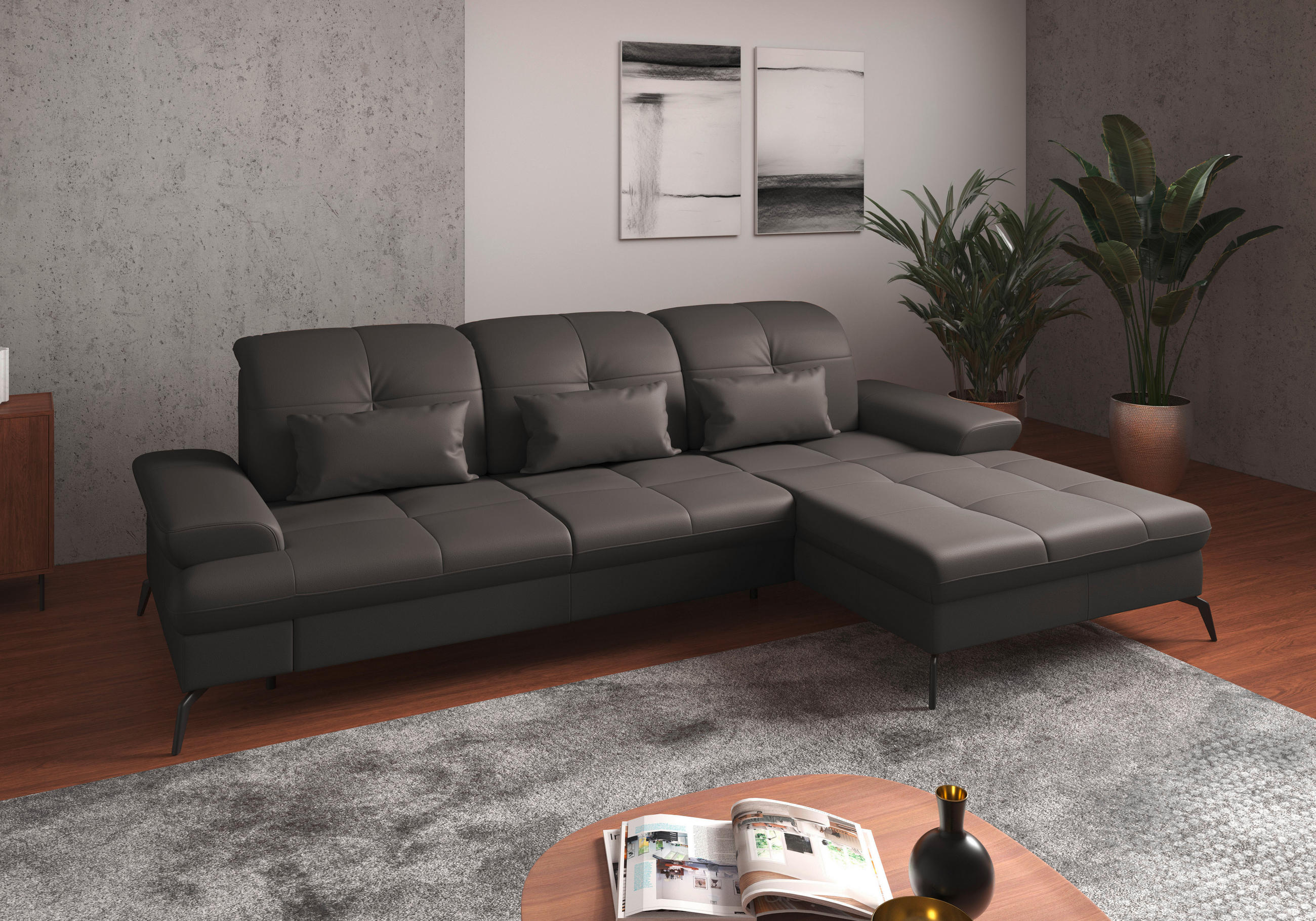 ECKSOFA in Vliesstoff Kombination Echtleder/Stoff Mokka  279/185 cm  - Schwarz/Mokka, KONVENTIONELL, Leder/Textil (279/185cm) - Sit & More