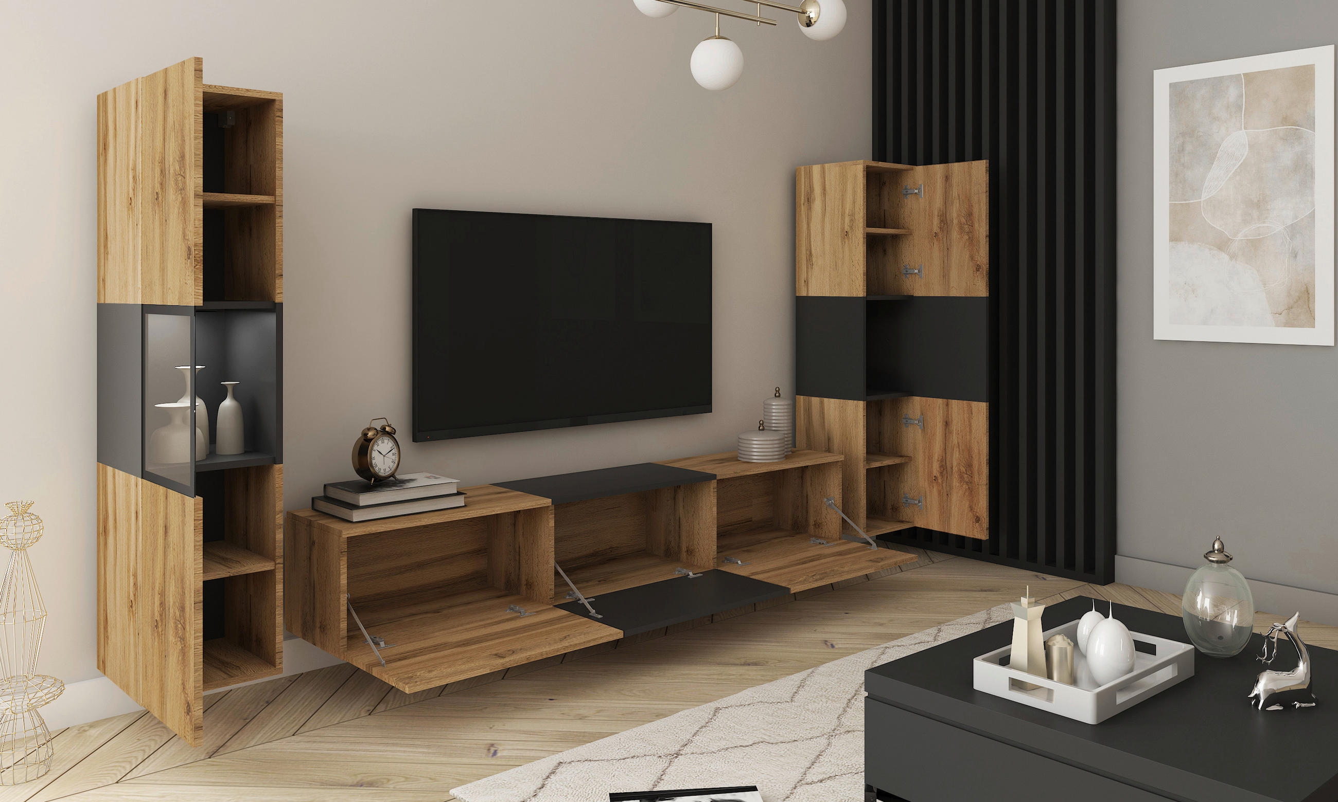 Thumbnail - Mid.you Wohnwand Berlin, Schwarz, Eiche Wotan, Glas, Holzwerkstoff, 3-teilig, 8 Fächer, 240x130x31 cm, Fsc, stehend, hän...