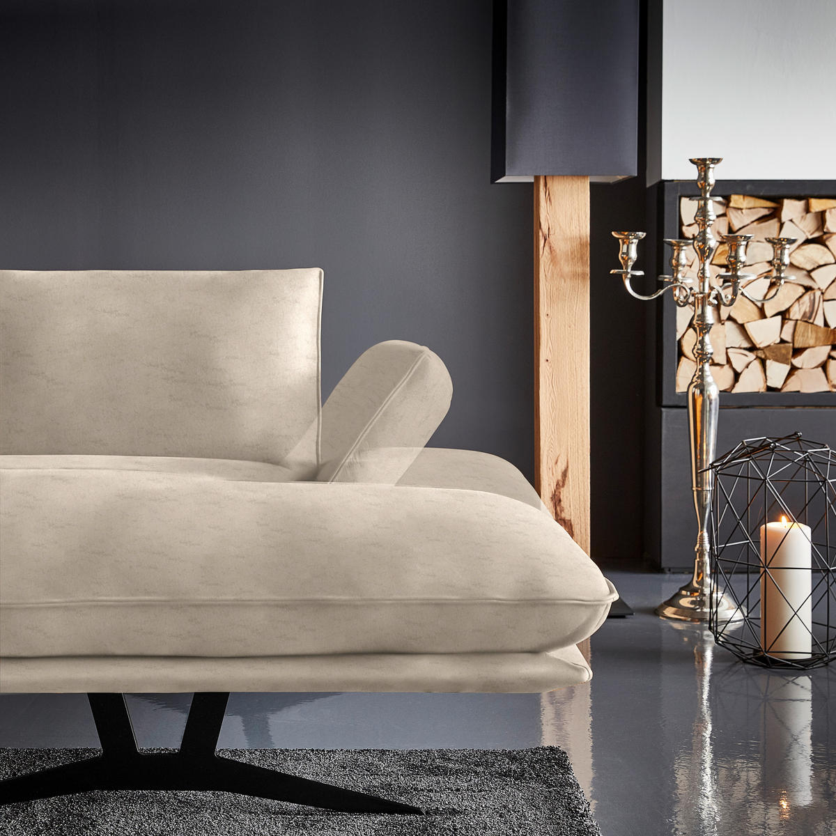 WOHNLANDSCHAFT in Echtleder Sandfarben  - Sandfarben/Schwarz, Natur, Leder/Metall (217/359/155cm) - Dieter Knoll