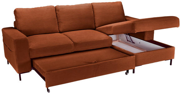 ECKSOFA Rostfarben Cord Rückenkissen, Bettkasten, Schlaffunktion, Rücken echt, Liegefläche im Originalstoff  - Rostfarben/Schwarz, KONVENTIONELL, Textil/Metall (240/150cm) - Carryhome