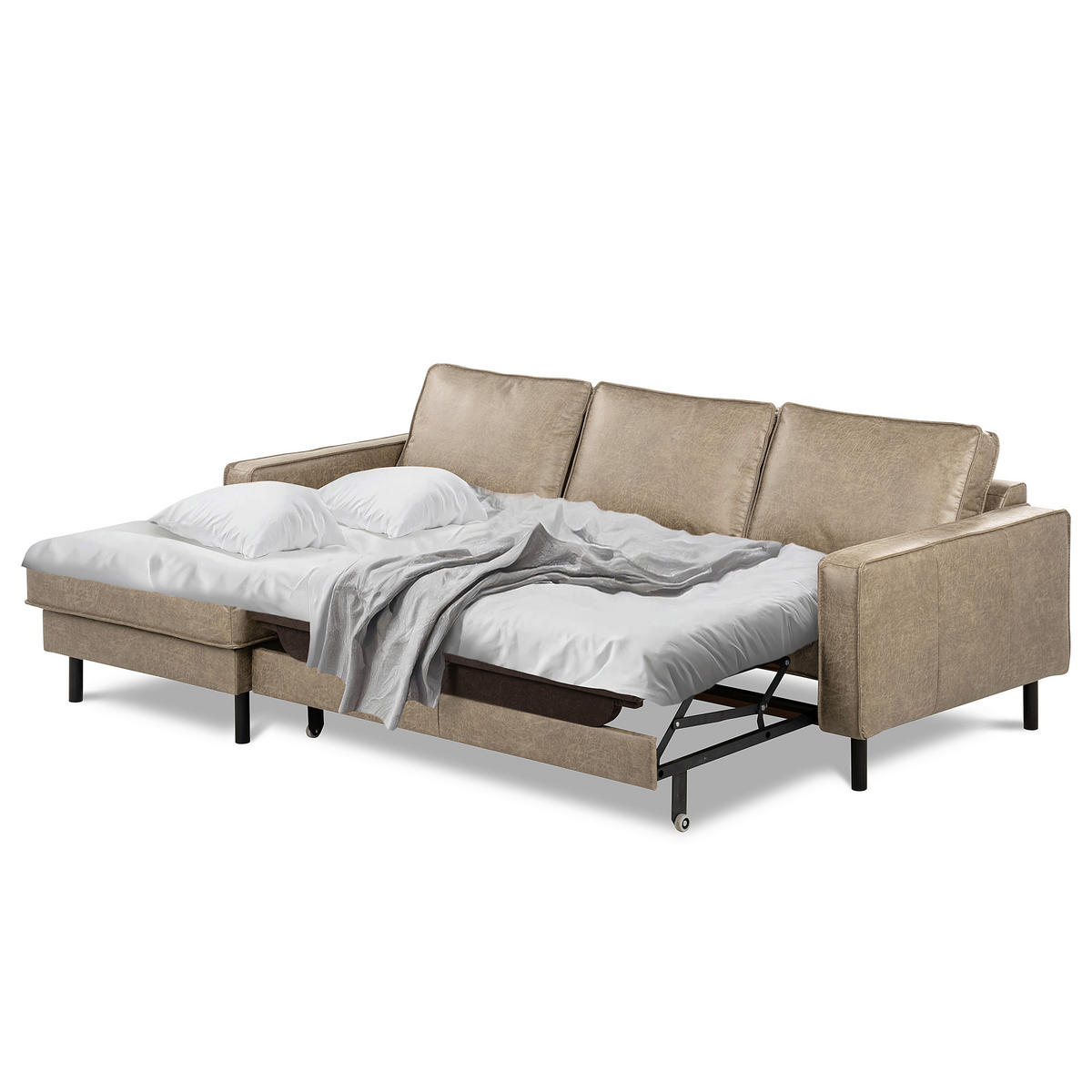 ECKSOFA Hellgrau Echtleder Lederlook Bettkasten, Schlaffunktion, Rücken echt  - Hellgrau/Schwarz, Design, Leder/Textil (166/238cm) - Livetastic