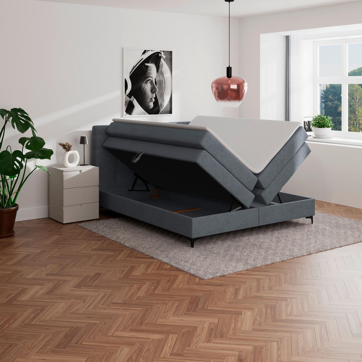 BOXSPRINGBETT 200/200 cm,  in Blaugrau, H3 = fest  - Blaugrau/Schwarz, KONVENTIONELL, Kunststoff/Textil (200/200cm)