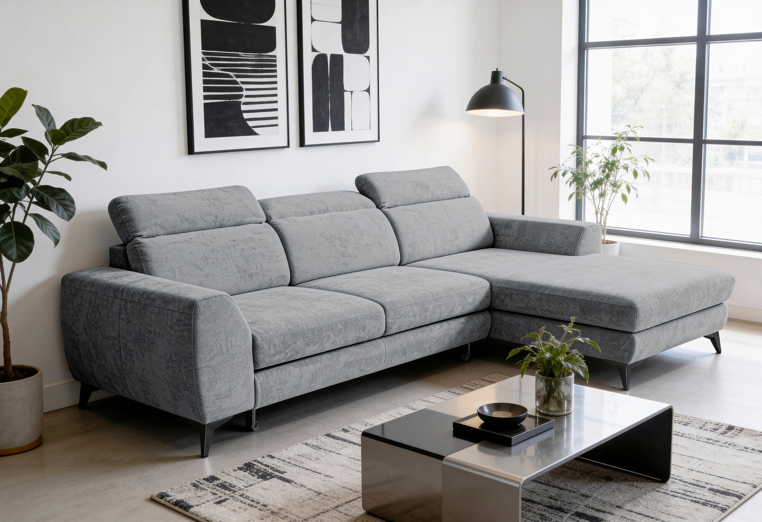 ECKSOFA MUENSTER in Chenille Anthrazit  - Anthrazit/Schwarz, Basics, Textil/Metall (264/191cm) - Livetastic