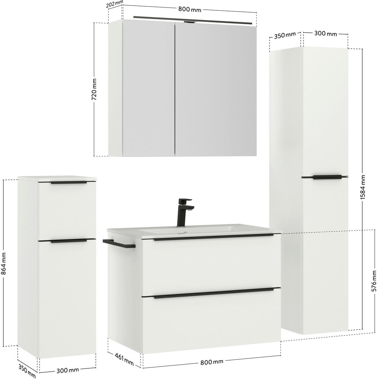 BADEZIMMER 5-teilig  in 141 cm  - Schwarz/Weiß, MODERN, Holzwerkstoff/Stein (141cm) - Nobilia