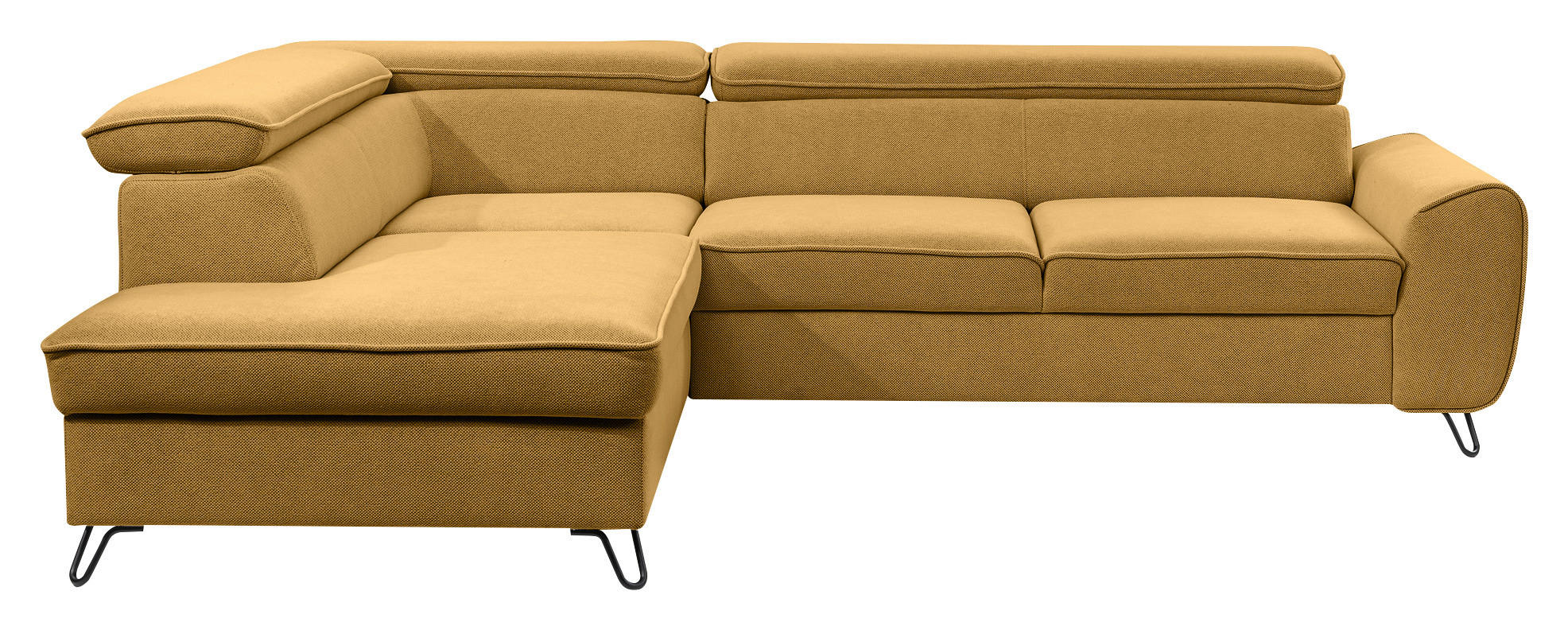 ECKSOFA inkl. Funktion Idylla Currygelb Flachgewebe  inkl. Bettkasten, Schlaffunktion, Rücken echt, Kopfstütze  - Currygelb/Schwarz, Design, Textil/Metall (200/250cm) - Stylife