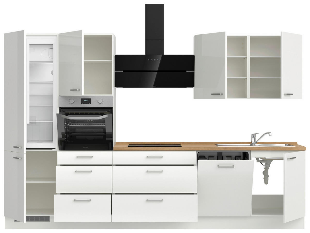 KÜCHENLEERBLOCK 330 cm   in Eichefarben, Weiß Hochglanz  - Edelstahlfarben/Eichefarben, MODERN, Holzwerkstoff/Metall (330cm) - Nobilia