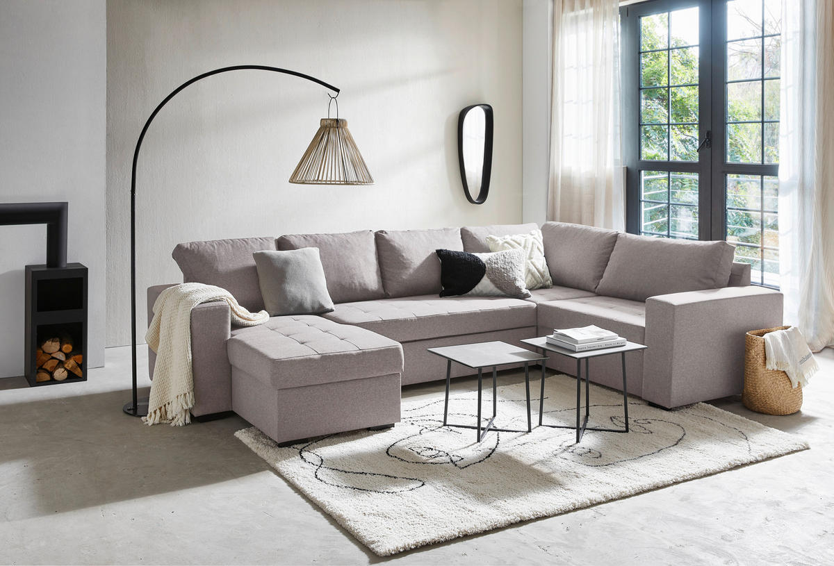 WOHNLANDSCHAFT Beige Webstoff  - Beige/Schwarz, KONVENTIONELL, Kunststoff/Textil (157/313/207cm) - Ti'me