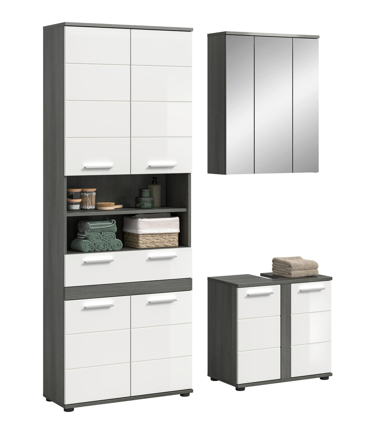 BADEZIMMER 3-teilig  in 145 cm  - Weiß Hochglanz/Silberfarben, Trend, Glas/Holzwerkstoff (145cm) - MID.YOU