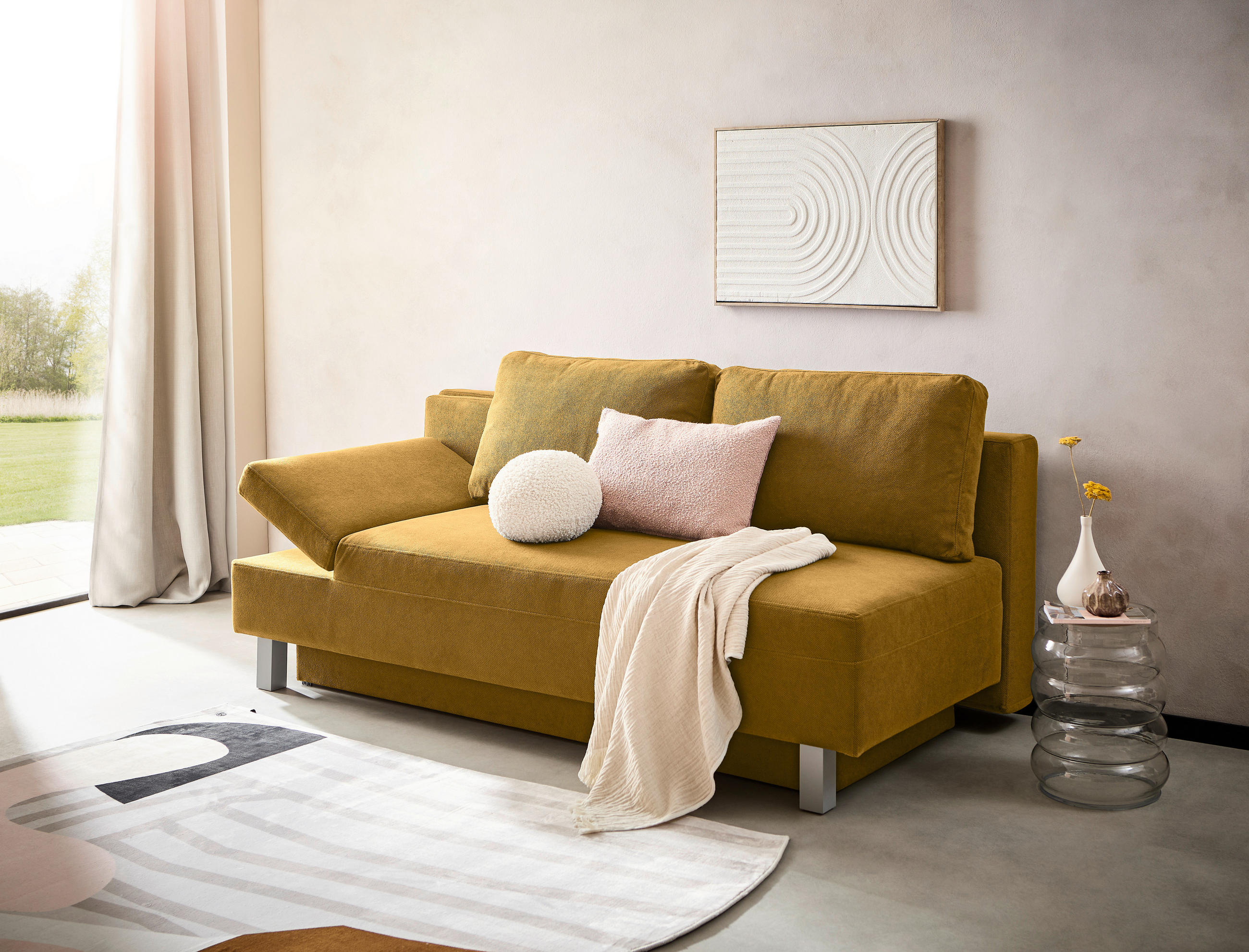 SCHLAFSOFA Flachgewebe Senfgelb  - Chromfarben/Senfgelb, Design, Holz/Textil (205/77-93/99cm) - Novel