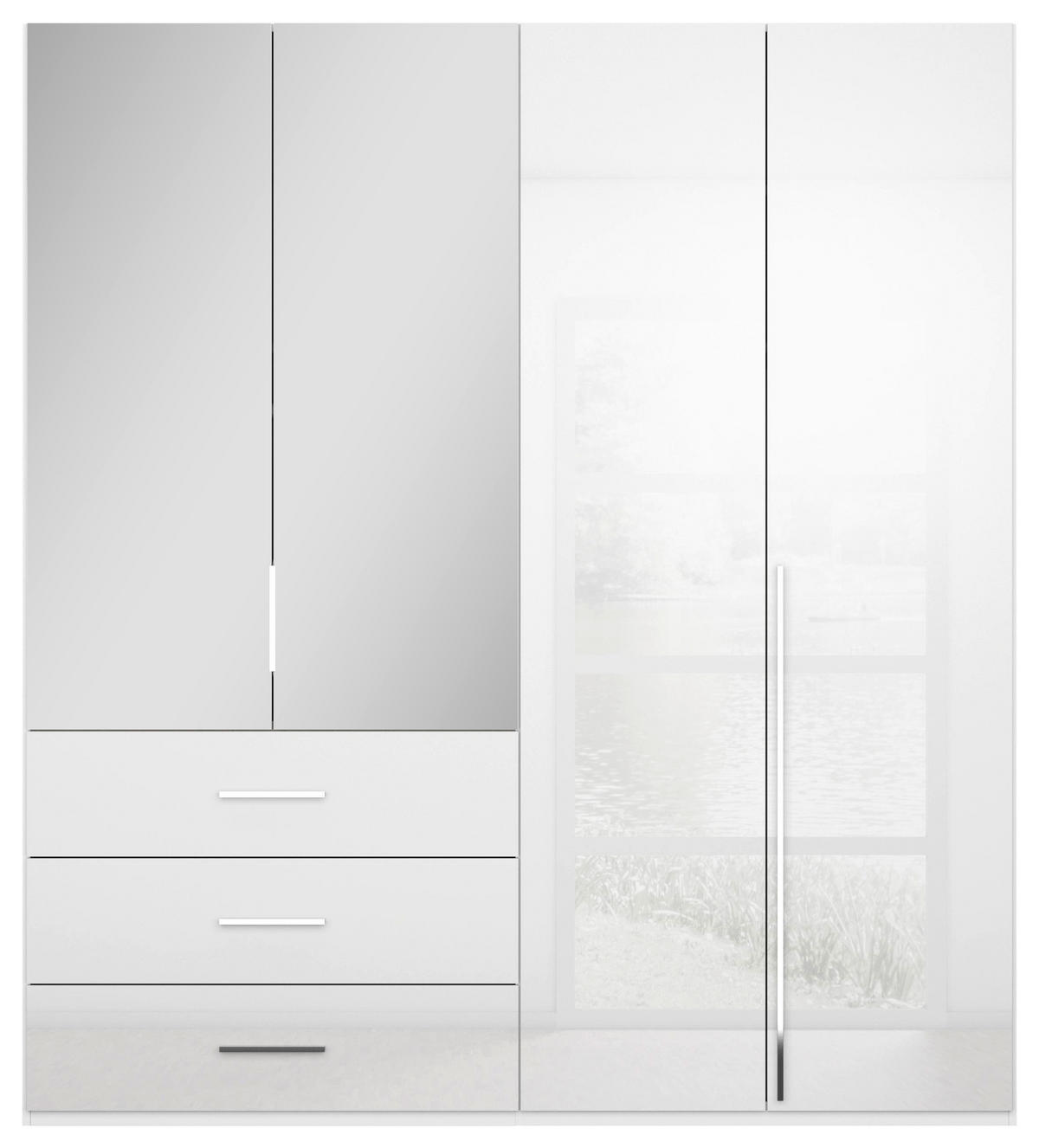 DREHTÜRENSCHRANK in Weiss, Weiss Hochglanz  - Weiss Hochglanz/Chromfarben, Design, Glas/Holzwerkstoff (201/223/60cm) - home24