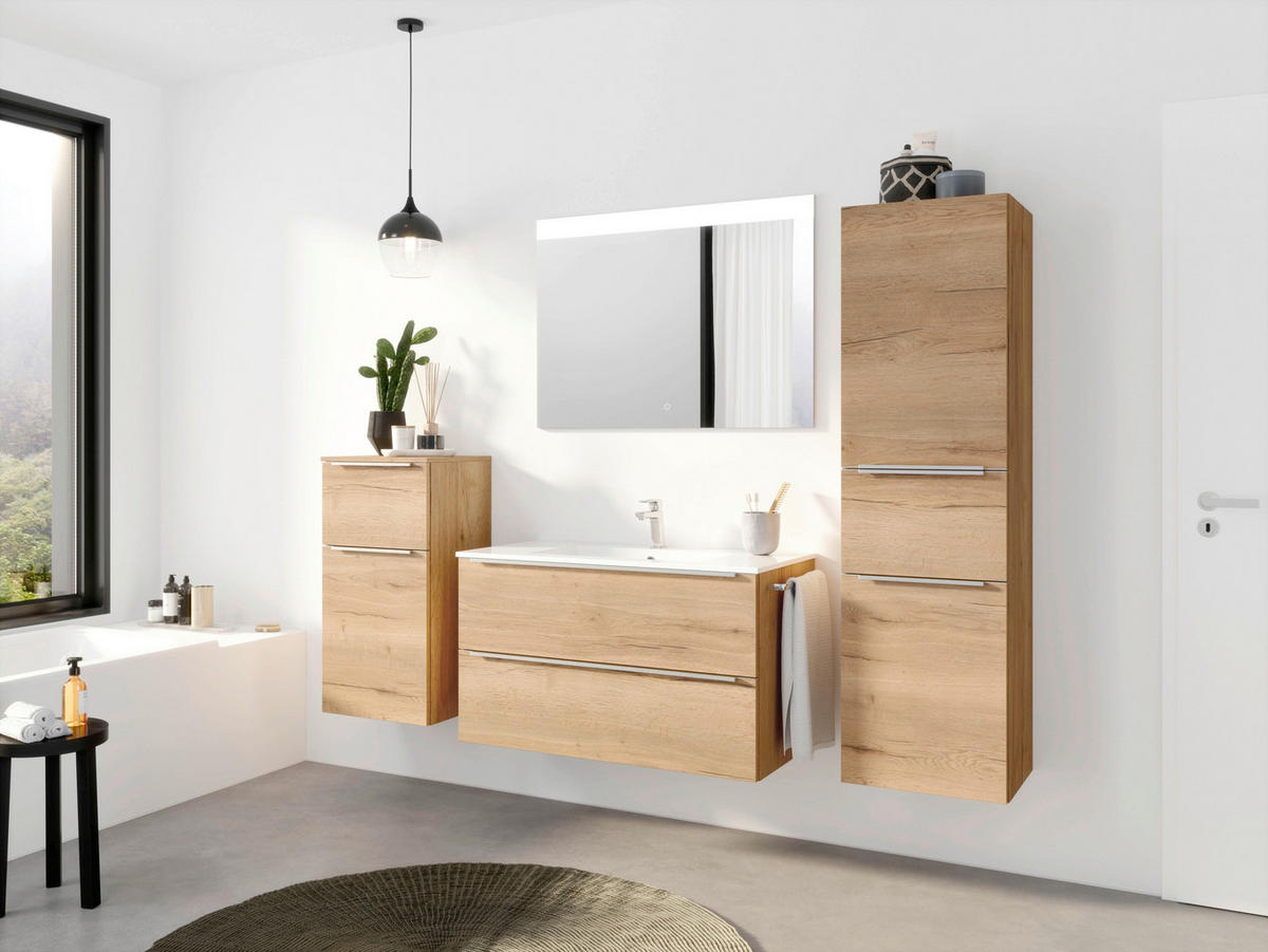 BADEZIMMER 3-teilig  in 101 cm  - Edelstahlfarben/Eichefarben, MODERN, Holzwerkstoff/Stein (101cm) - Nobilia