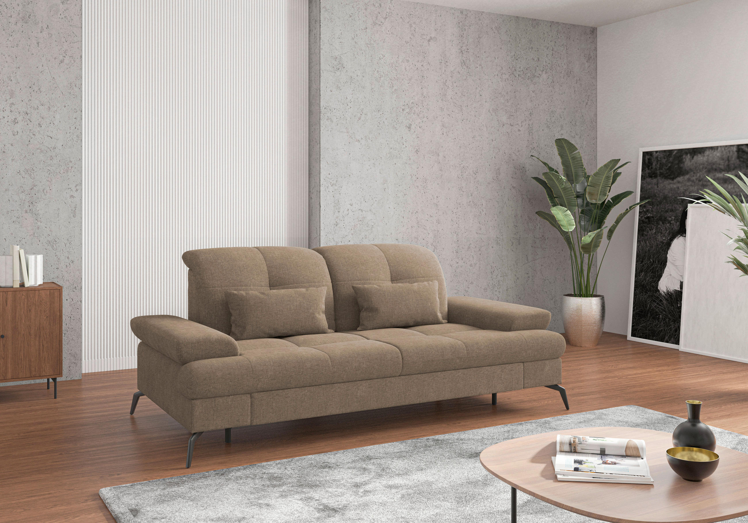 2,5-SITZER in Flachgewebe Hellbraun  - Hellbraun/Schwarz, KONVENTIONELL, Textil/Metall (202/90/122cm) - Sit & More