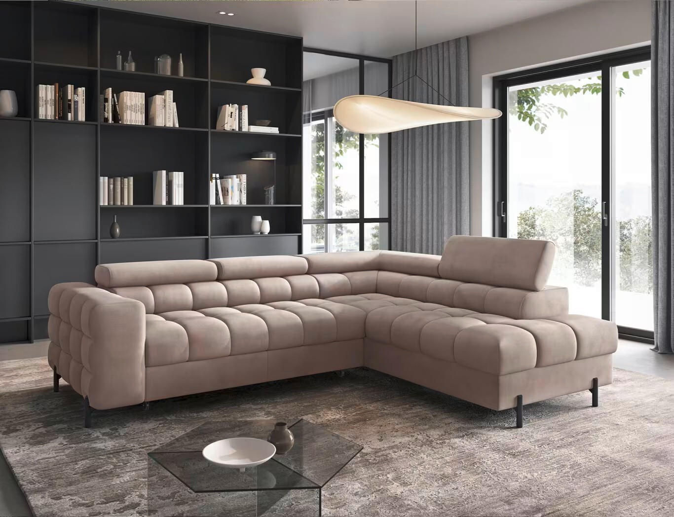 ECKSOFA Beige Plüsch  - Beige/Schwarz, Design, Textil/Metall (276/200cm) - MID.YOU