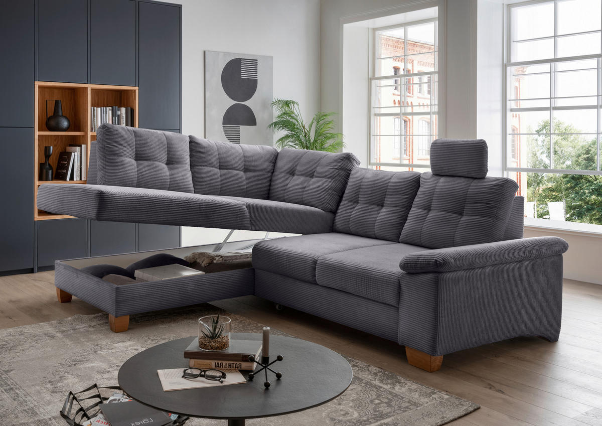 ECKSOFA in Cord Grau  - Naturfarben/Grau, Modern, Holz/Textil (206/274cm) - Livetastic