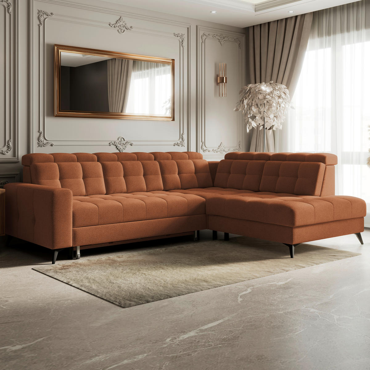ECKSOFA BARLETTA NEW Terracotta Velours Bettkasten, Kopfteilverstellung, Sitztiefenverstellung, Liegefläche im Originalstoff  - Terracotta/Schwarz, ROMANTIK / LANDHAUS, Textil/Metall (289/228cm) - MID.YOU