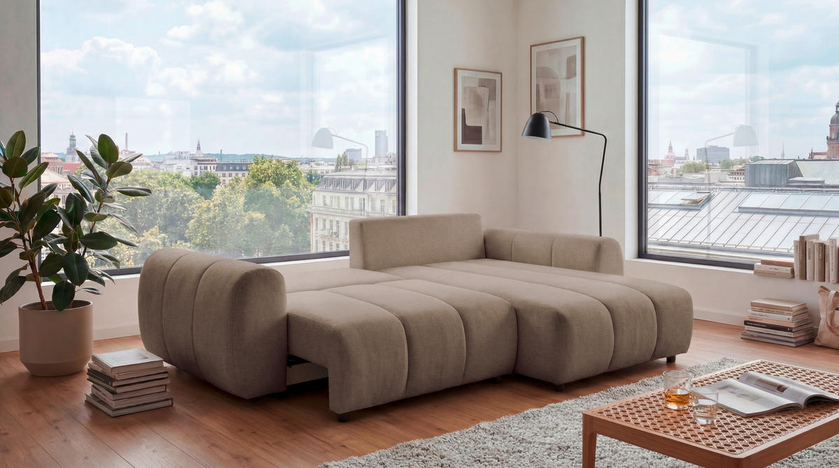 ECKSOFA Webstoff Taupe  - Taupe/Schwarz, Design, Kunststoff/Textil (260/192cm) - MID.YOU