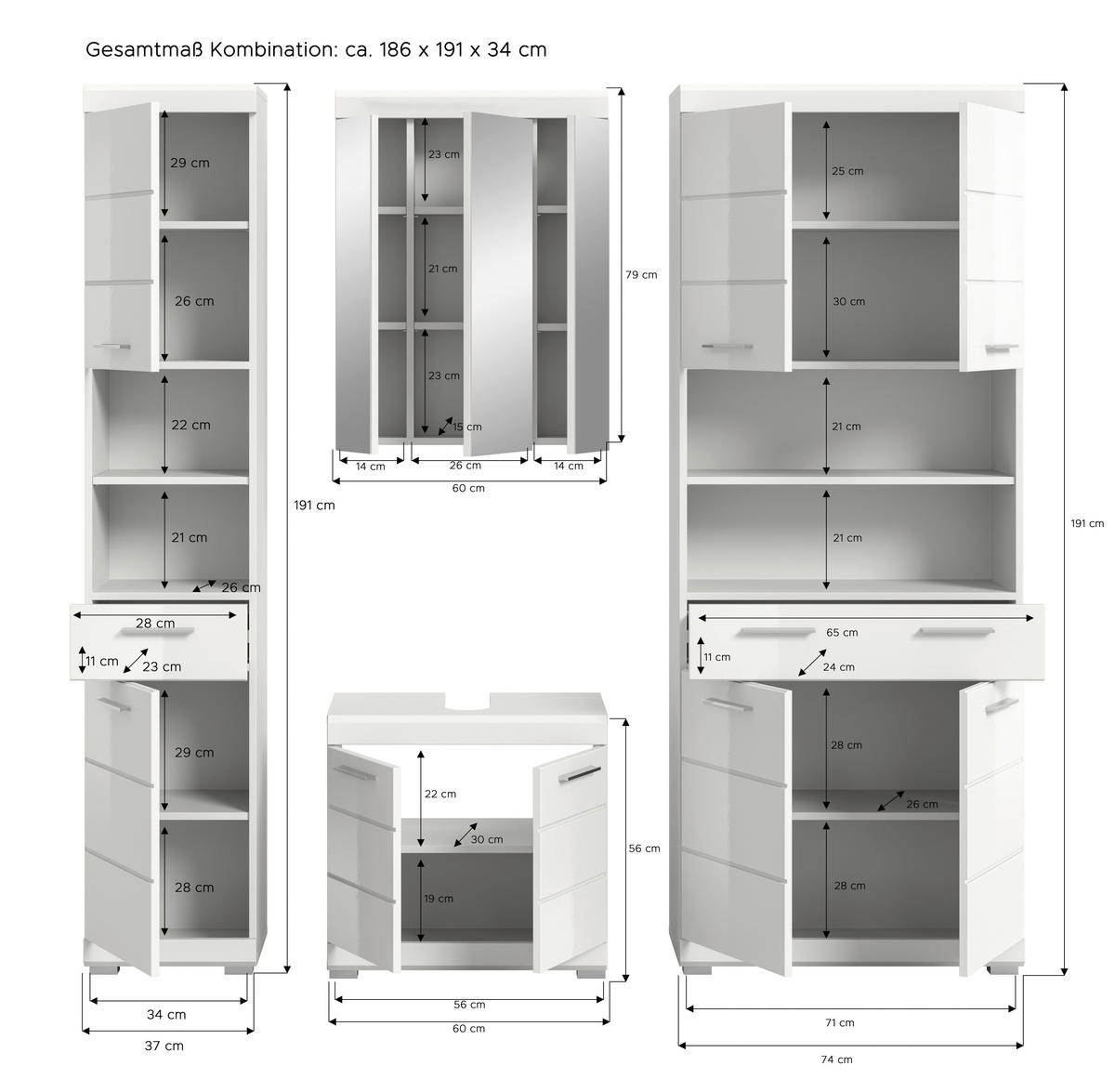 BADEZIMMER 4-teilig  in 171 cm  - Weiß Hochglanz/Silberfarben, MODERN, Glas/Holzwerkstoff (171cm) - MID.YOU