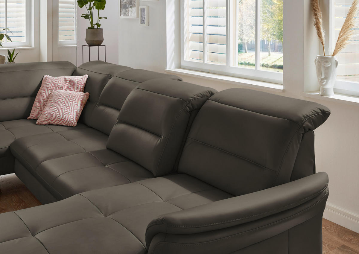 WOHNLANDSCHAFT in Echtleder Graubraun  - Graubraun/Schwarz, Design, Leder/Metall (206/336/181cm) - Beldomo Speed