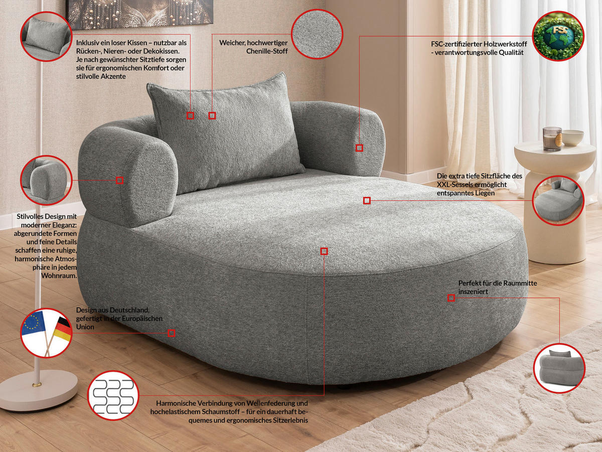 XXL-SESSEL Chenille Grau    - Schwarz/Grau, Design, Kunststoff/Textil (122/76/156cm) - Livetastic
