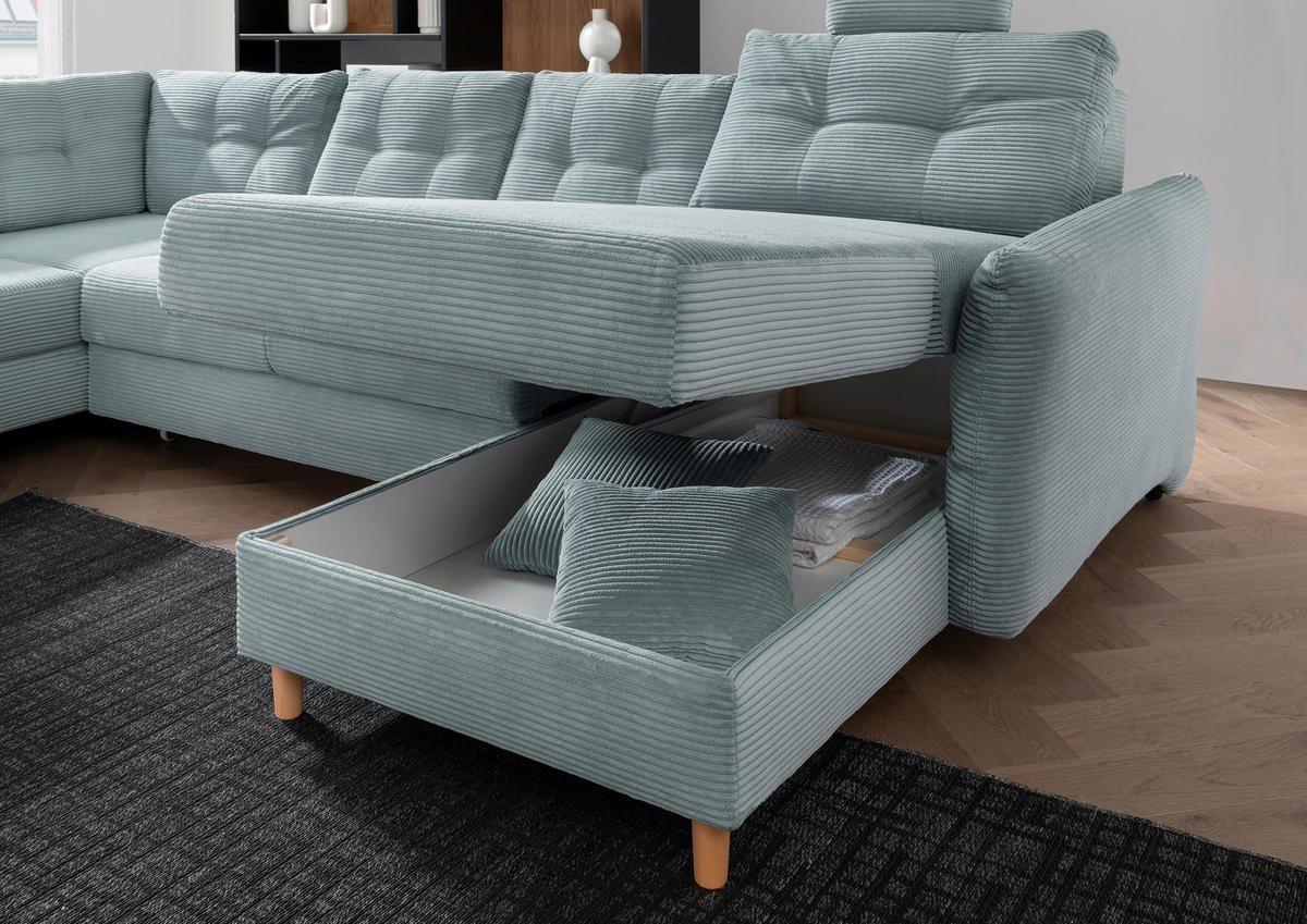 WOHNLANDSCHAFT in Cord Hellblau  - Naturfarben/Hellblau, Modern, Holz/Textil (206/338-352/176cm) - Livetastic