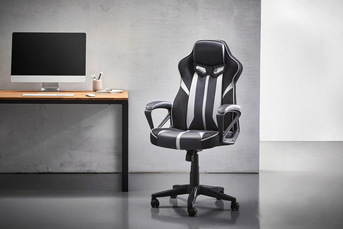 HERNÁ STOLIČKA, vzhľad kože, sieťovina, čierna, strieborná - čierna/strieborná, Konventionell, kov/textil (64/122/64cm) - MID.YOU