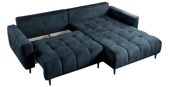 ECKSOFA Blau Chenille Rückenkissen, Bettkasten, Schlaffunktion, Rücken echt, Liegefläche im Originalstoff  - Blau/Schwarz, KONVENTIONELL, Holz/Textil (266/180cm) - Carryhome