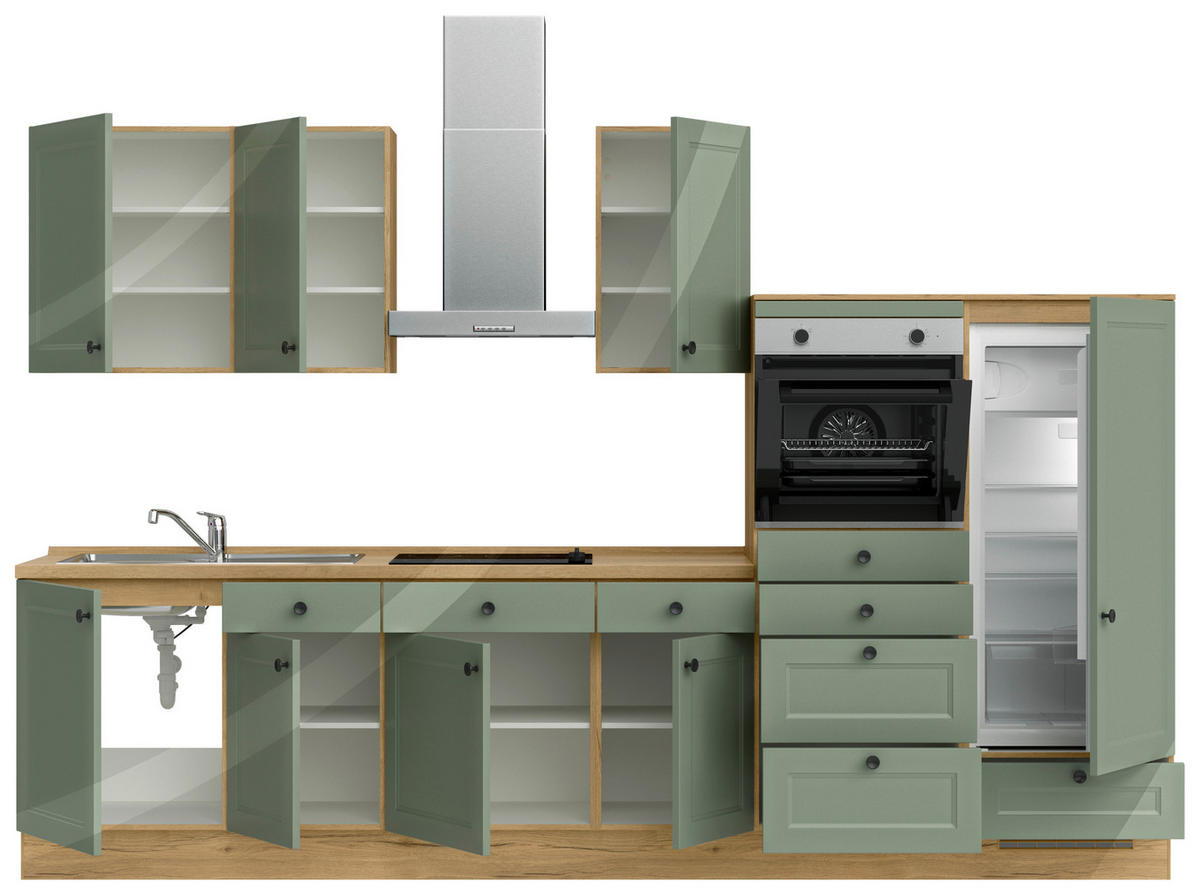BUCĂTĂRIE FĂRĂ ELECTROCASNICE  - verde/culoare lemn stejar, Modern, metal/material pe bază de lemn (330cm) - Nobilia