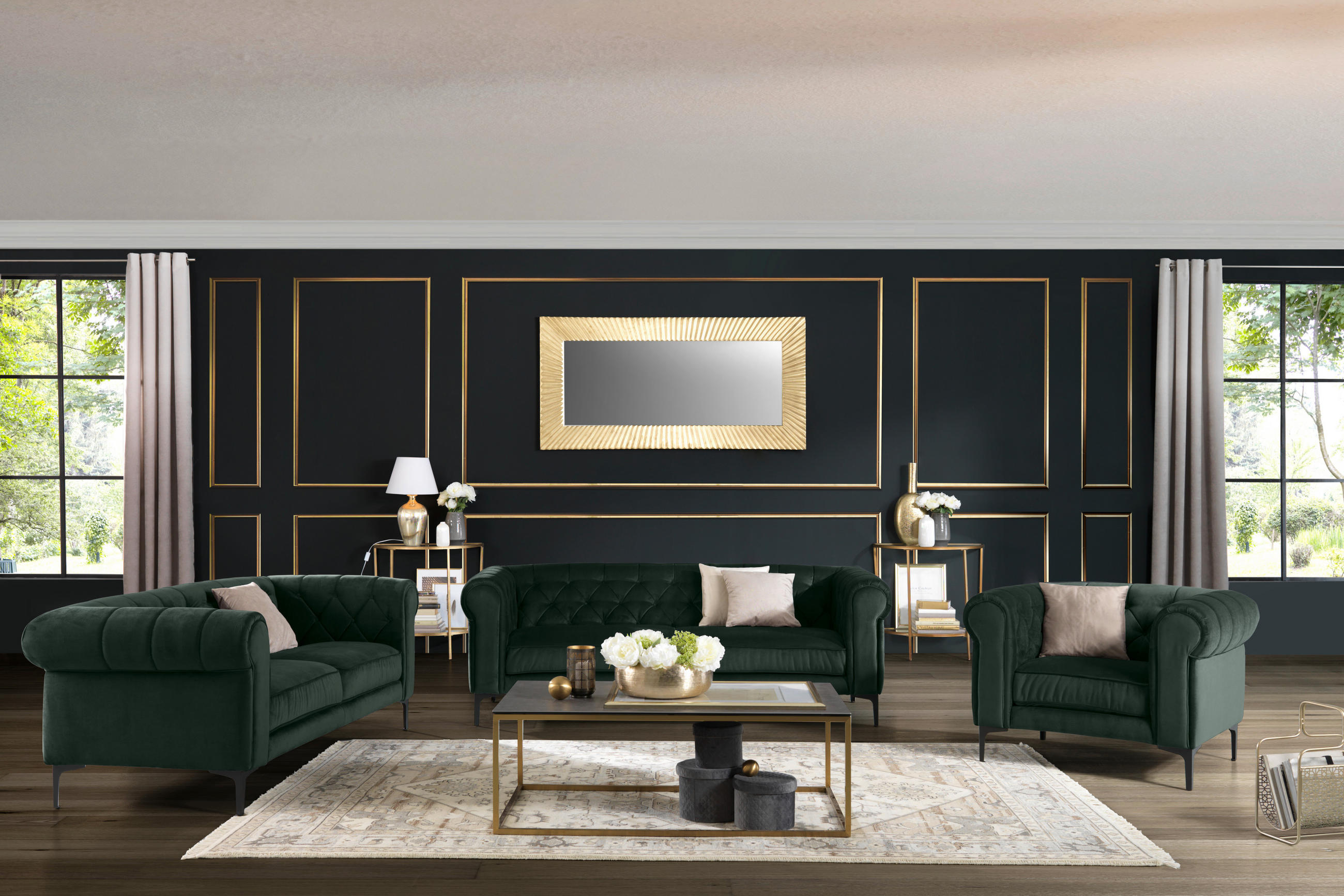 CHESTERFIELD-SOFA Samt Dunkelgrün - Dunkelgrün/Schwarz, Trend, Textil/Metall (195/75/90cm) - Carryhome