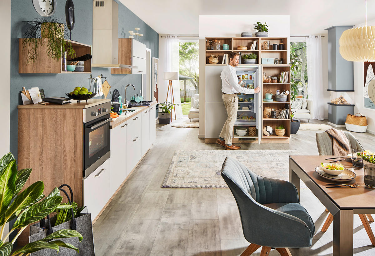 KÜCHENLEERBLOCK  325/180 cm  in Eichefarben, Hellgrau  - Edelstahlfarben/Eichefarben, MODERN, Holzwerkstoff/Metall (325/180cm) - Welnova