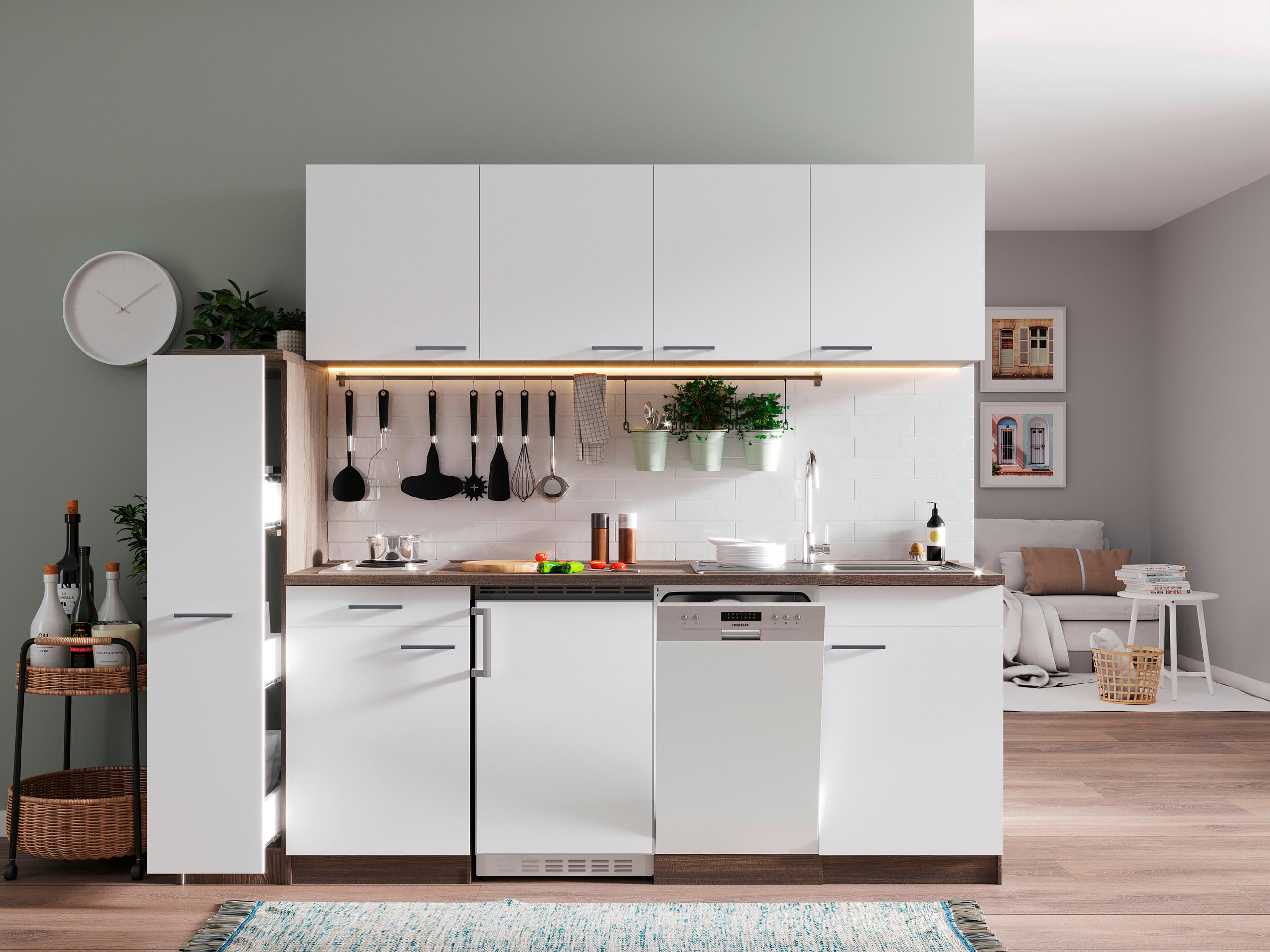 MODULKÖK 225 cm   i vit  - vit/aluminiumfärg, Basics, trämaterial/plast (225cm) - Respekta