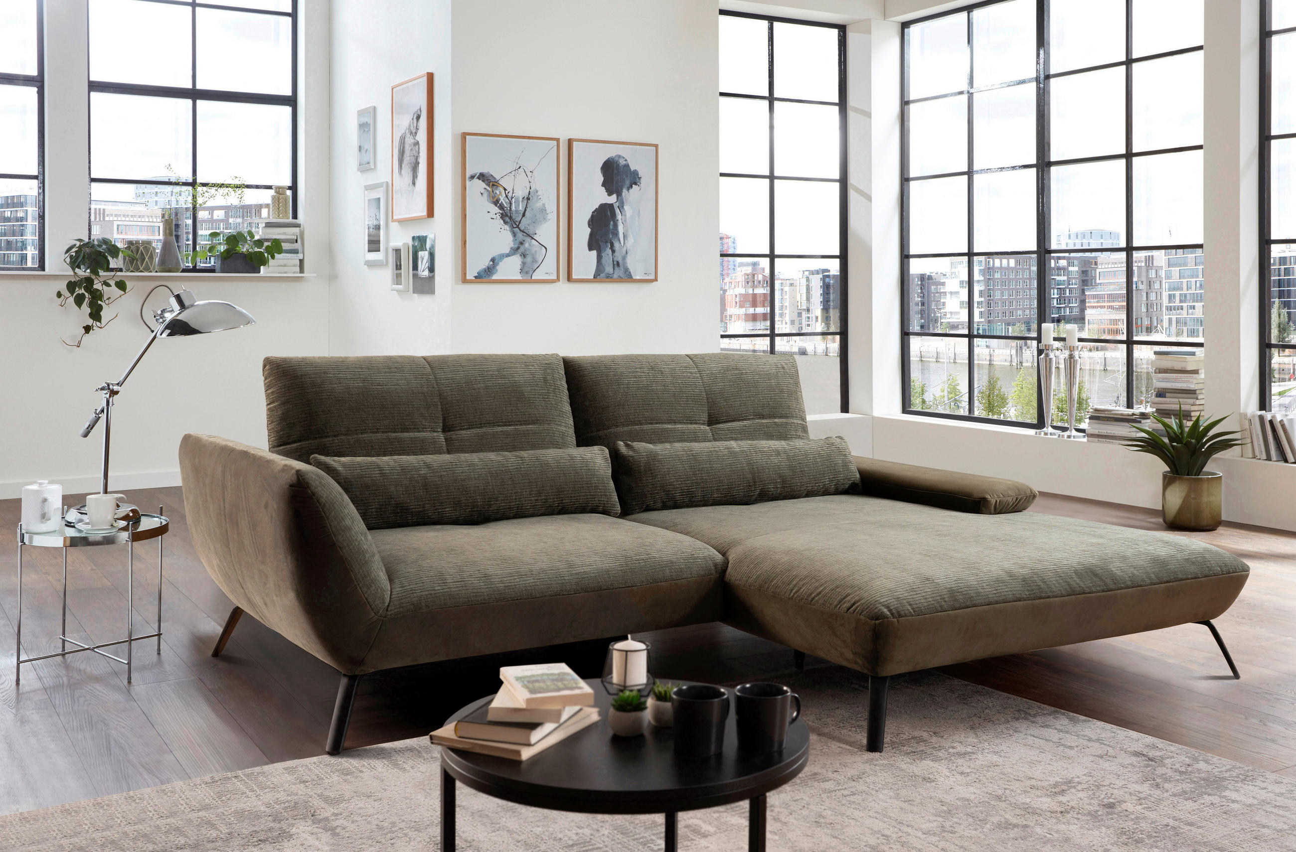 ECKSOFA Olivgrün  - Schwarz/Olivgrün, Trend, Holz/Metall (273/191-207cm) - Livetastic