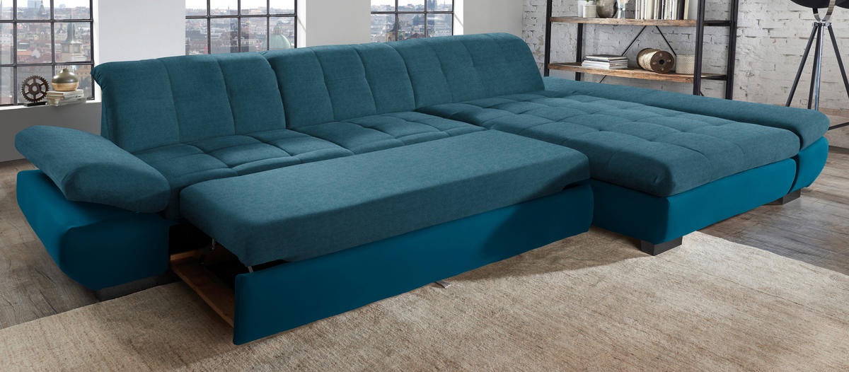 ECKSOFA in Mikrofaser Dunkelblau  - Schwarz/Dunkelblau, Design, Textil/Metall (204/341cm) - Xora