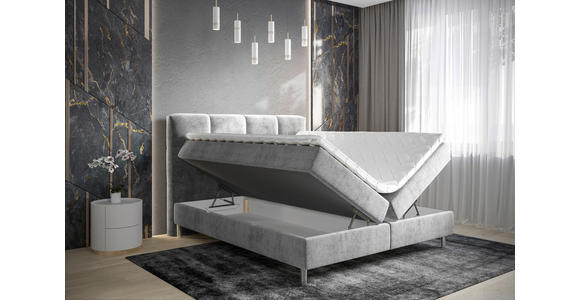 BOXBETT 140/200 cm,  in Hellgrau, gepolstertes Kopfteil, Bettkasten, Topper, H3 = fest  - Chromfarben/Hellgrau, Design, Holz/Holzwerkstoff (140/200cm) - Esposa