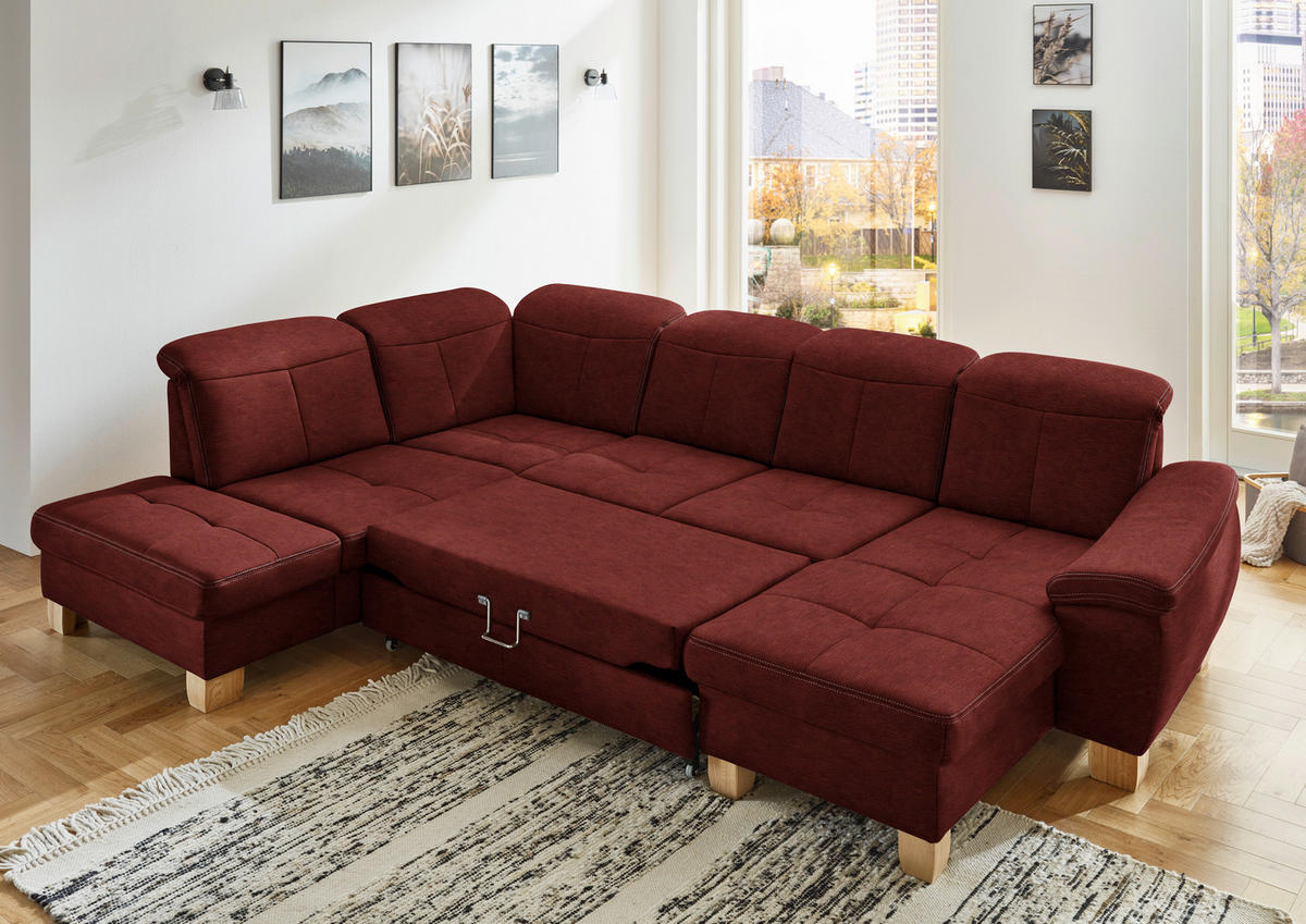 WOHNLANDSCHAFT Hellrot Mikrofaser  - Wildeiche/Hellrot, KONVENTIONELL, Holz/Textil (243/343/185cm) - Voleo