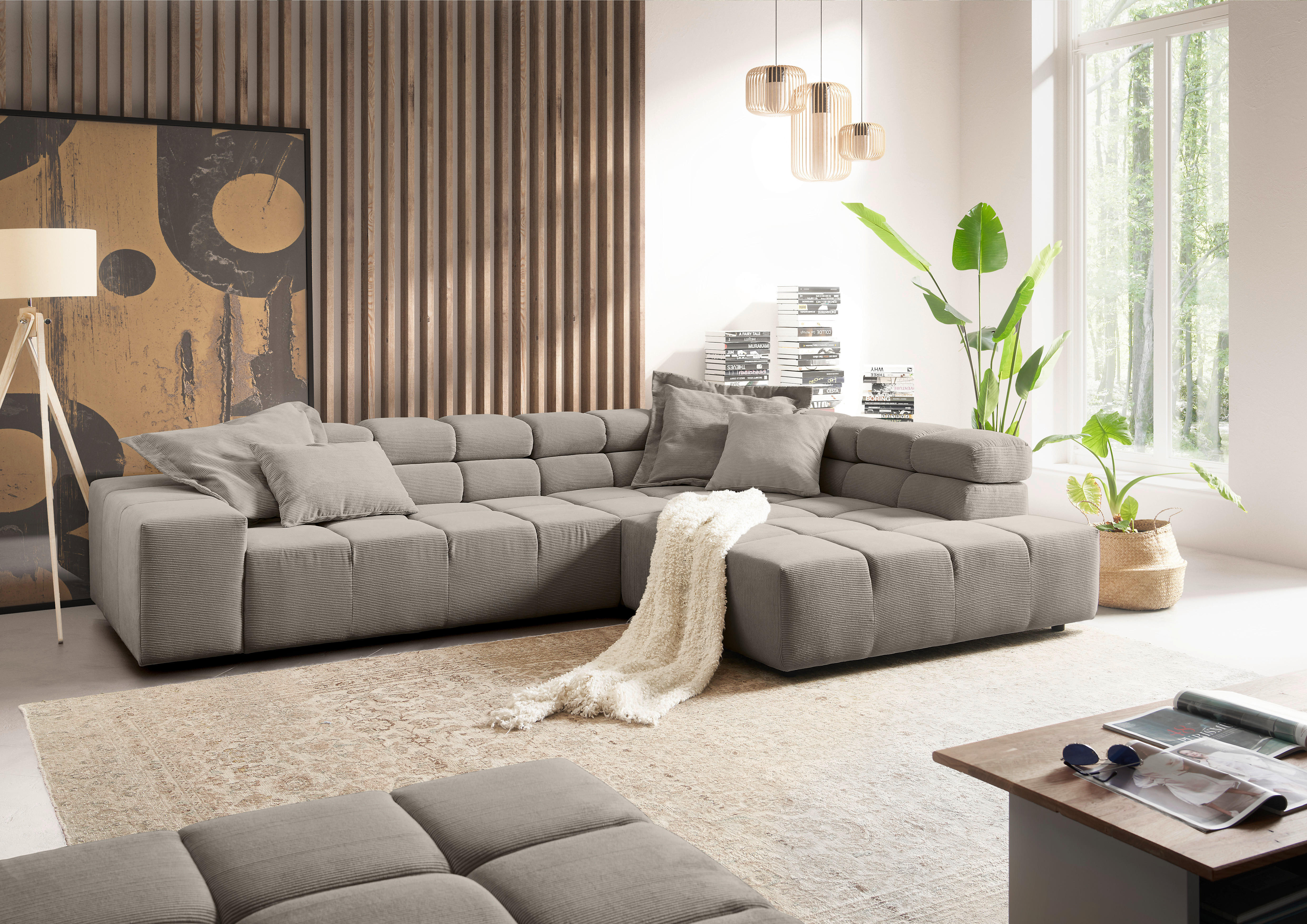 ECKSOFA Sandfarben Feincord  - Sandfarben/Schwarz, Design, Kunststoff/Textil (319/215cm) - Hom`in