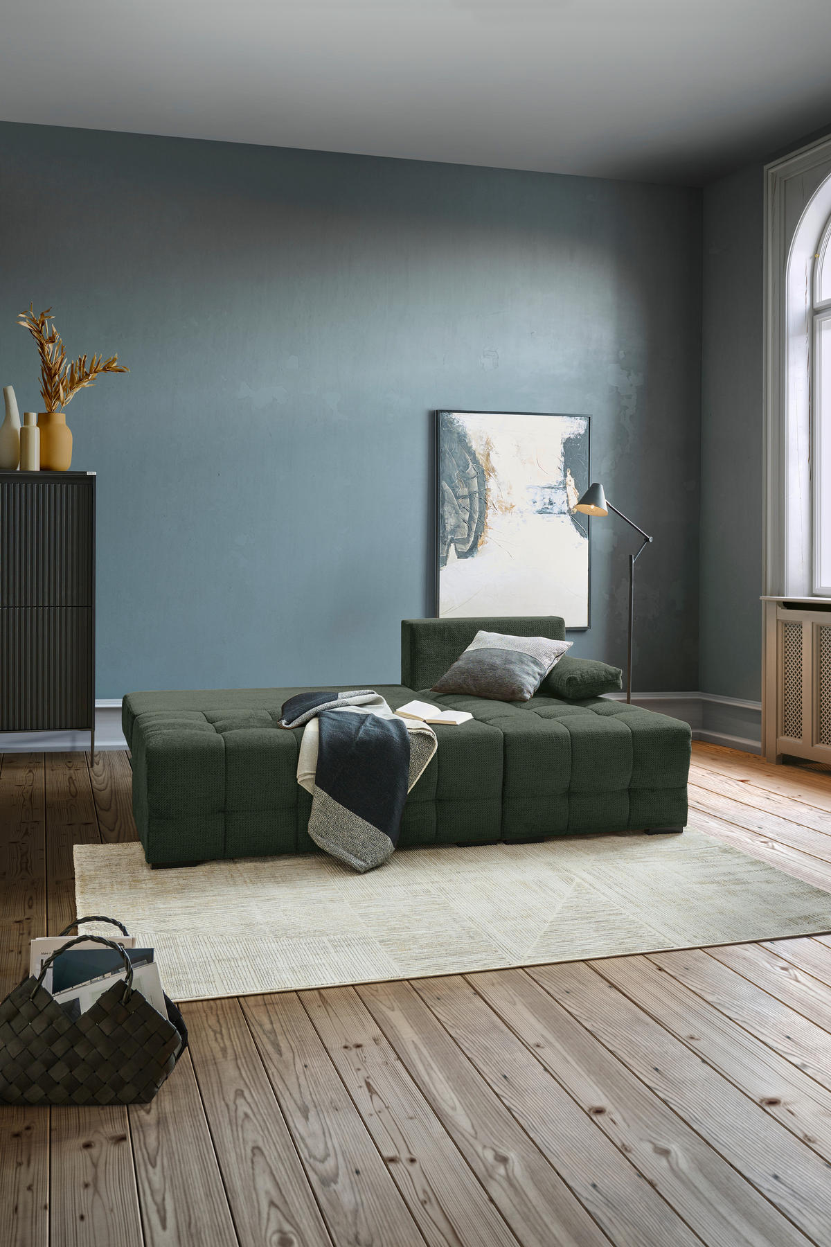 ECKSOFA in Chenille Dunkelgrün  - Dunkelgrün/Schwarz, MODERN, Kunststoff/Textil (204/145cm) - home24