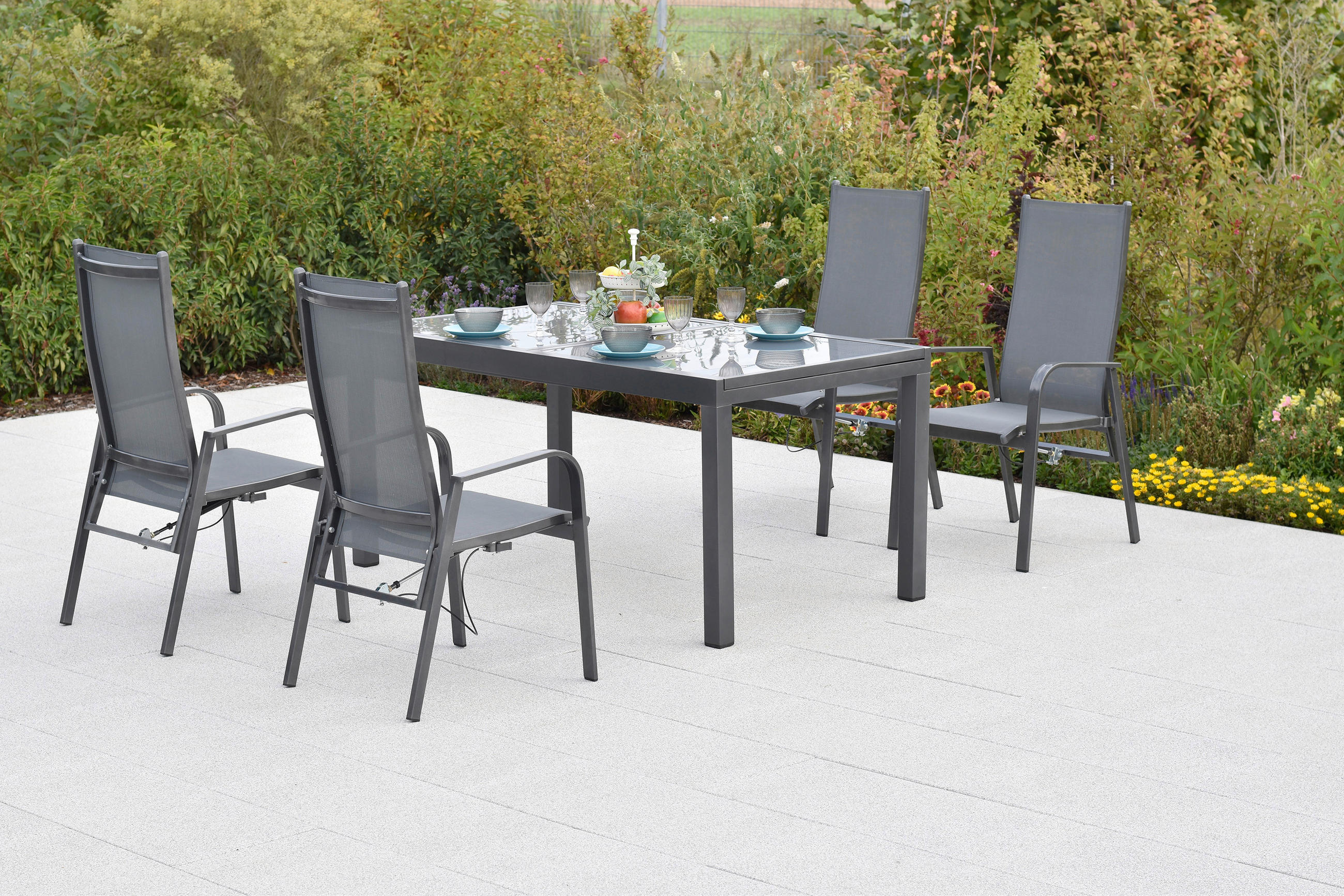 GARTENTISCHGRUPPE beschichtet Aluminium  - Graphitfarben/Grau, KONVENTIONELL, Glas/Textil - Gardenson