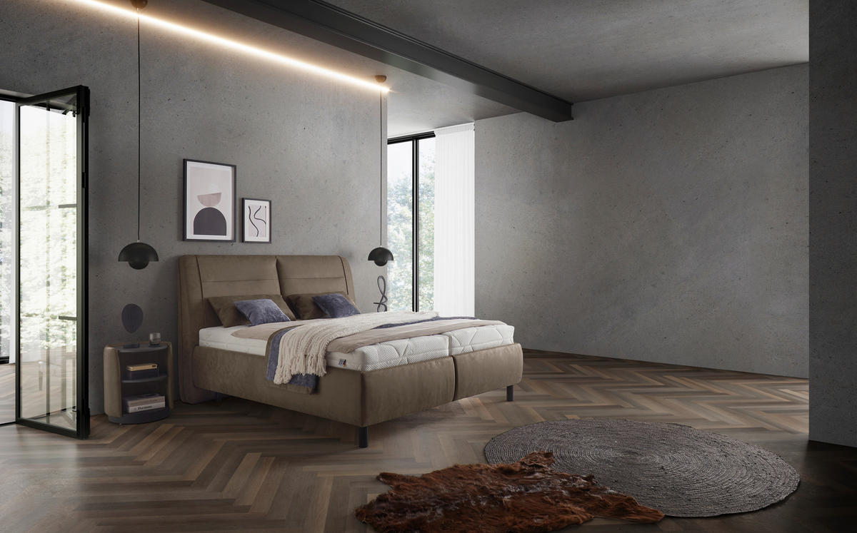 POLSTERBETT 180/200 cm,  in Graubraun, Matratze, gepolstertes Kopfteil, unterschiedliche Matratzenhärtegrade je Bettseite, H3 + H4 = fest + sehr fest  - Weiss/Graubraun, Konventionell, Holz/Holzwerkstoff (180/200cm) - Dieter Knoll