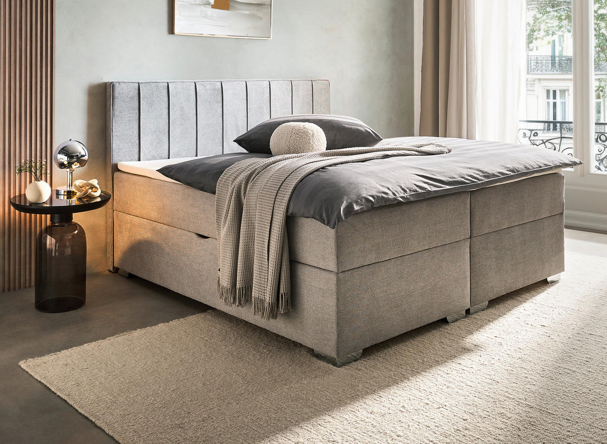 BOXBETT 160/200 cm,  in Grau, Bettkasten, Topper, H3 + H3 = fest  - Chromfarben/Grau, Trend, Kunststoff/Textil (160/200cm) - Boxxx