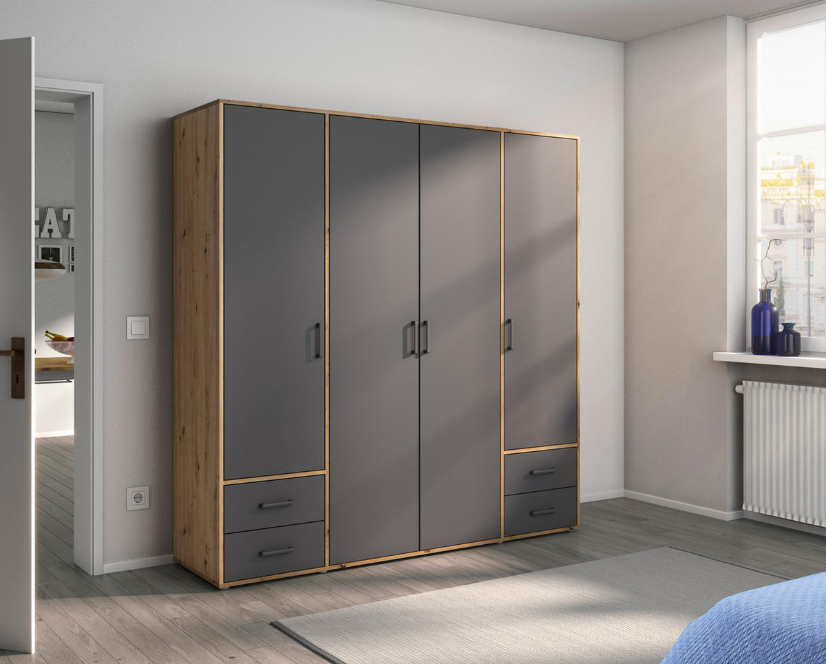 DREHTÜRENSCHRANK in Grau, Eiche Artisan  - Eiche Artisan/Grau, Modern, Holzwerkstoff/Kunststoff (187/194/53cm) - Rauch Möbel