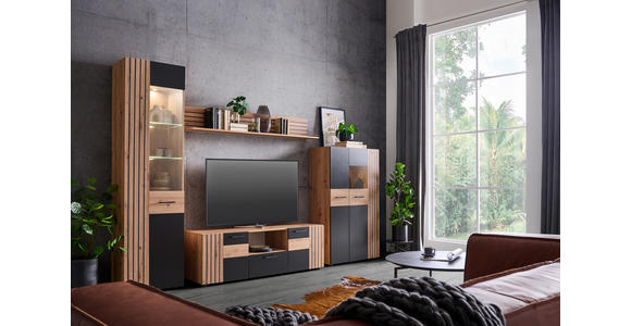 WOHNWAND in Schwarz, Eiche Artisan 330/205/45 cm - Schwarz/Eiche Artisan, Design, Glas/Holzwerkstoff (330/205/45cm) - Carryhome