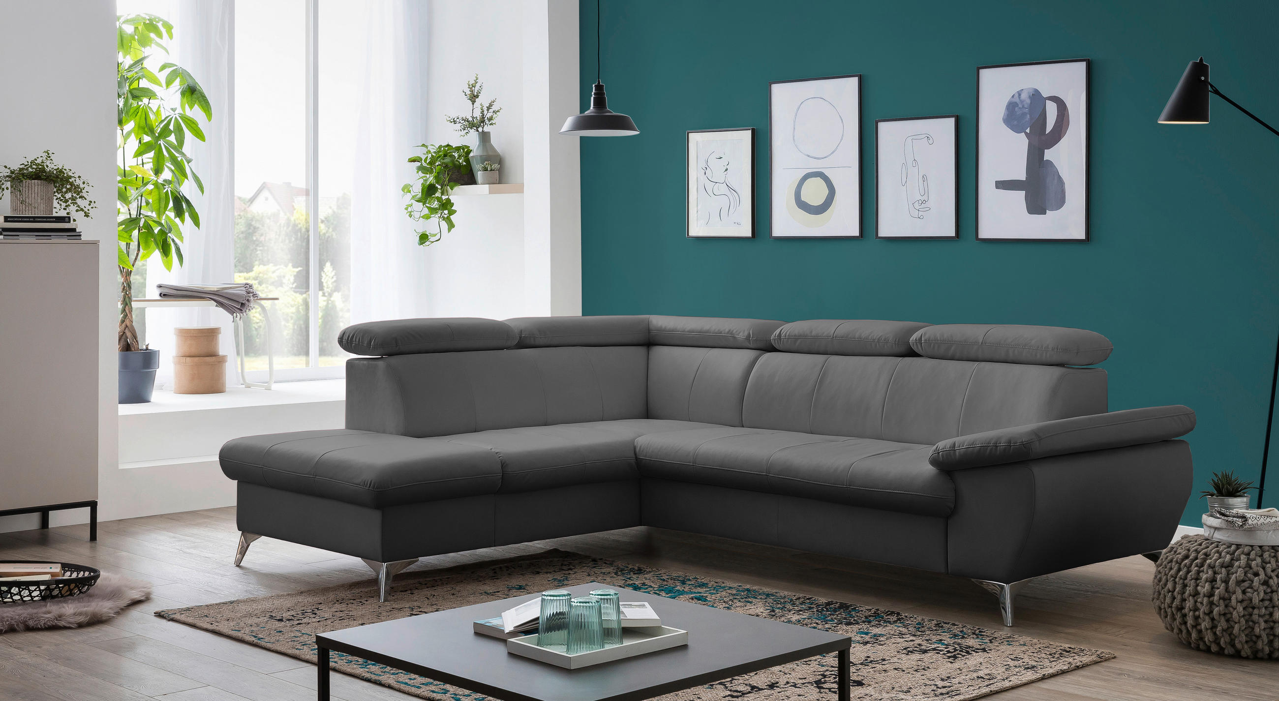ECKSOFA in Lederlook Grau  - Chromfarben/Grau, KONVENTIONELL, Textil/Metall (209/256cm) - Livetastic
