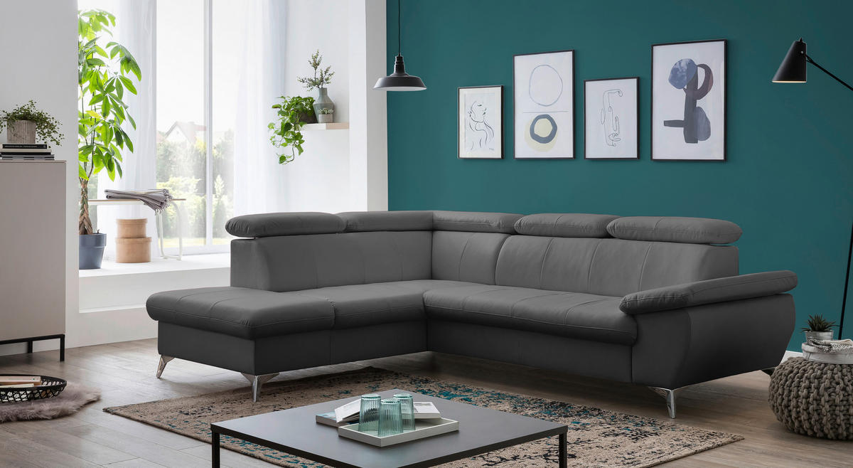 ECKSOFA in Lederlook Grau  - Chromfarben/Grau, KONVENTIONELL, Textil/Metall (209/256cm) - Livetastic