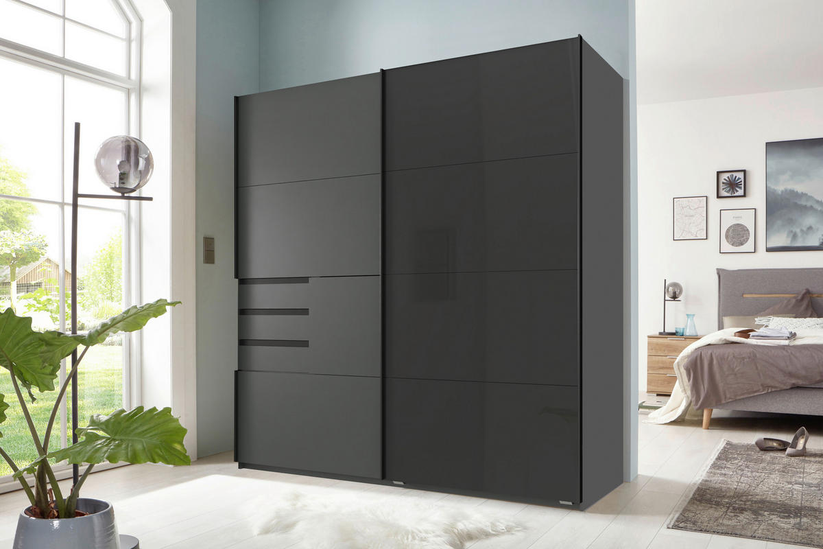 SCHWEBETÜRENSCHRANK in Graphitfarben, Schwarz  - Schwarz/Graphitfarben, Modern, Glas/Holzwerkstoff (180/198/65cm) - Boxxx