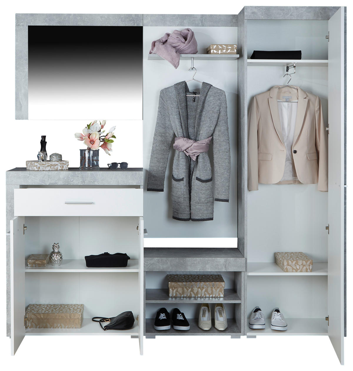 GARDEROBE 5-teilig  in 200/200/35,3 cm  - Weiß/Grau, MODERN, Holzwerkstoff (200/200/35,3cm) - MID.YOU